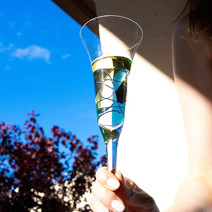 Victoria Barcelona Champagne Flute Set of 2 – 7.5 oz Mouth-Blown Turquoise Sea Glass | Hand-Painted, Gaudí & Murano Inspired | Artistic Unique Gift Ideas for Her or Him-Ruum Studio Home