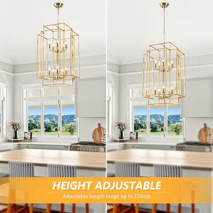 30" Farmhouse Gold Chandelier, 10-Light Foyer Lighting Fixtures, Lantern Tiered Pendant Light Fixtures, Metal Rustic High Ceiling Chandelier for Dining Room Entryway Staircase-Ruum Studio Home