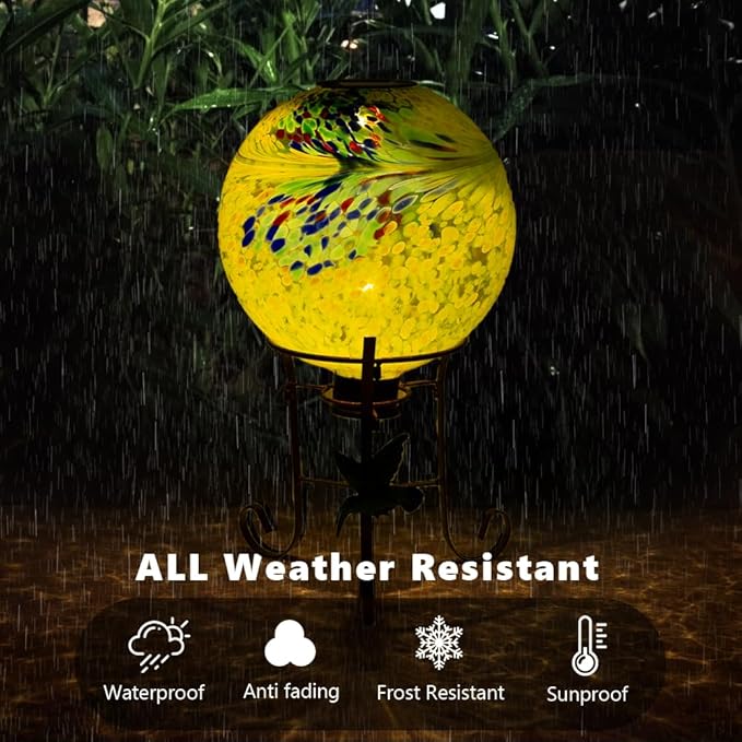 10" Diameter Solar Gazing Ball and 8.5" Metal Stand Indoor Outdoor Glass Globe Sphere Yard Art Ornament Solar Gazing Balls for Garden,Lawn,Porch,Patio Gardening Gift for Women(Yellow)-Ruum Studio Home