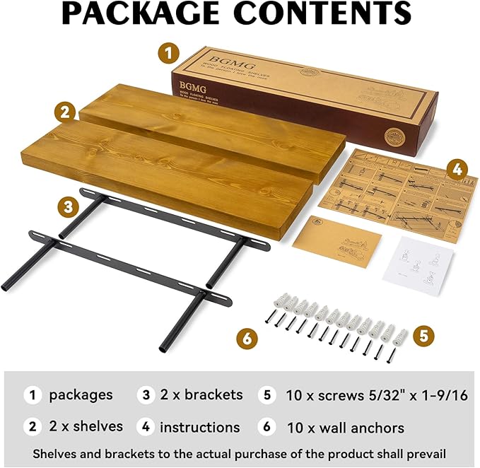 BGMG Wood Floating Shelves for Wall 16 inch Set of 2, Rustic Wooden Wall Mount Shelves for Living Room Bedroom Kitchen Farmhouse-16x6.7x1.25 inch- Gold Oak-Ruum Studio Home