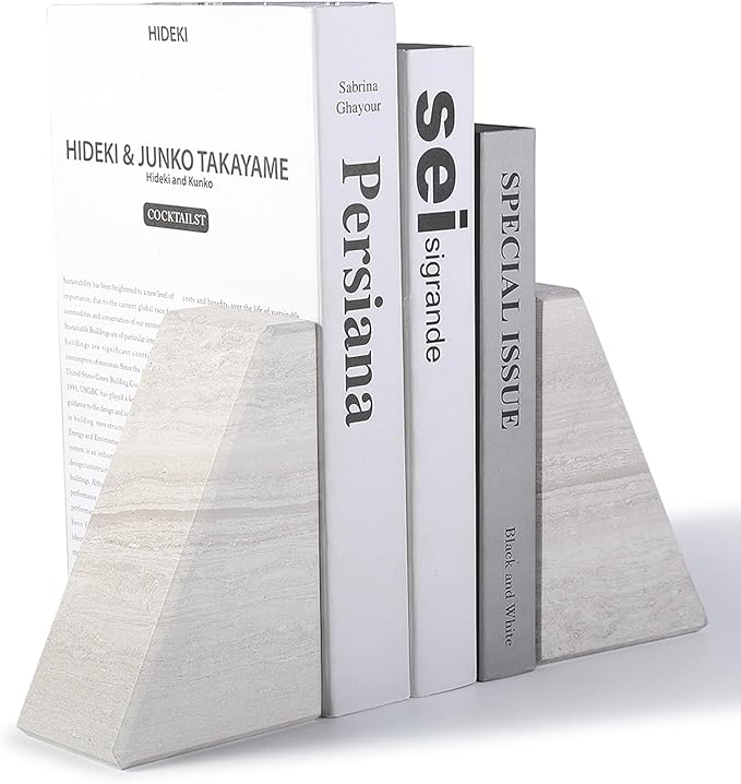 Marble Book Ends for Heavy Books, Decorative Bookends for Shelves, Durable and Heavy-Duty Bookends for Hardback Book & CDS, Off-White Unique Books Stopper & Holder, Set of 2-Ruum Studio Home