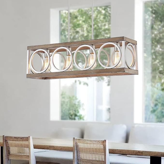 XINGQI Farmhouse Dining Room Chandeliers, Rectangle Vintage Hanging Lighting Fixtures, 4-Light Kitchen Island Lighting, Rustic Metal Chandelier Pendant Light, Antique Wood Grain XY082-Ruum Studio Home
