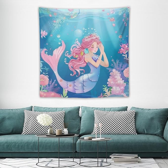 HZOHNAGO Mermaid Girls Tapestry Watercolor Flowers Mermaid Princess Blessing Pattern for Kids Room Decoration Printed Wall Tapestry Wall Hanging for Bedroom Living Room Dorm 60" W x 60" H-Ruum Studio Home