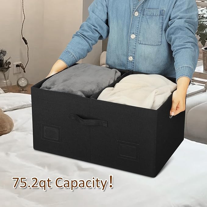75 Quarts Extra Large Decorative Storage Bins with Lids, 3 Packs Black Collapsible Storage Bins with Lids, Stackable Storage Bins Decorative Box Storage With Lid Extra Large-Ruum Studio Home
