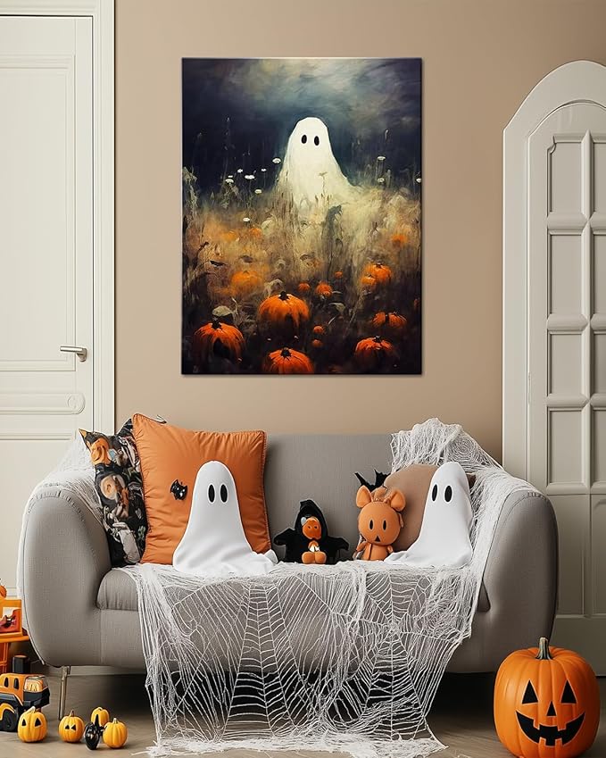 Halloween Canvas Wall Art, Spooky Ghost in Pumpkin Patch Poster, Vintage Gothic Fall Decor, Dark Academia Fall Decor for Living Room, Framed Indoor Halloween Decorations-Ruum Studio Home