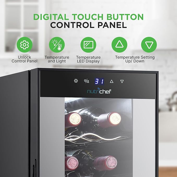 NutriChef Single-Zone Wine Cooler & Chiller – Digital Touch Control, Airtight Seal, 14-Bottle Capacity, Black-Ruum Studio Home