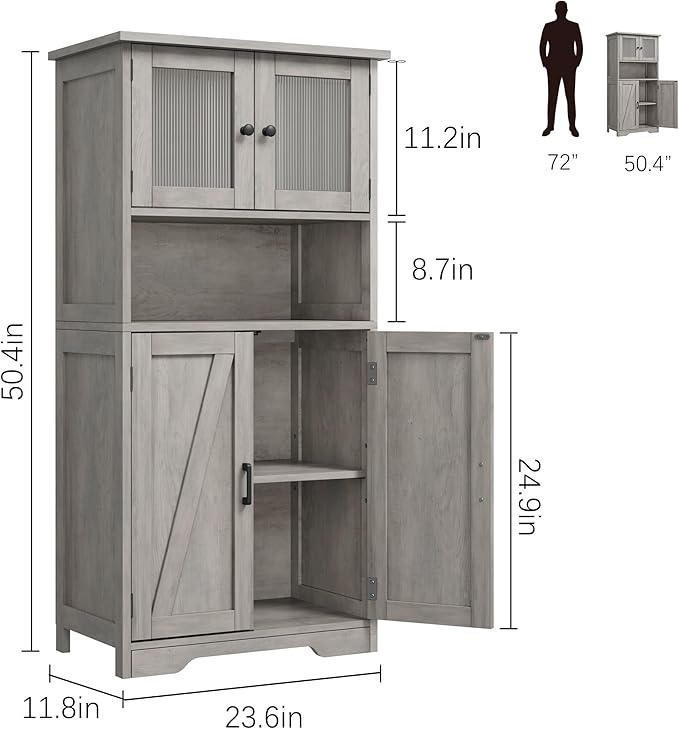 GarveeHome 54in Tall Bathroom Cabinet, Farmhouse Storage Cabinet with Glass Doors and Adjustable Shelves, Freestanding Kitchen Pantry Cabinets, Cupboard for Living Room, Dining Room, Gray-Ruum Studio Home