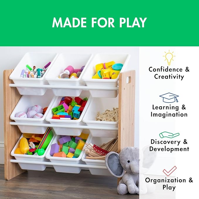 Humble Crew 9-Bin Toy Organizer – Journey Natural Wood with White Plastic Bins, 3-Tier Storage Solution for Kids' Playrooms and Nurseries-Ruum Studio Home