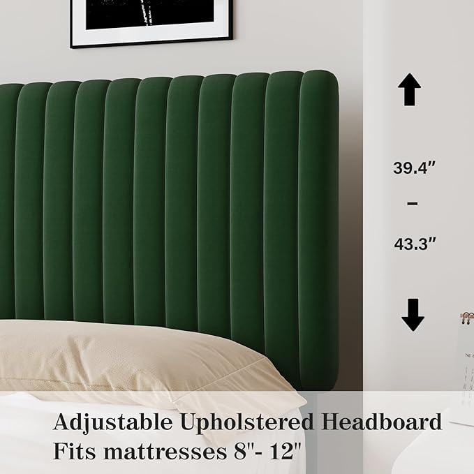 Queen Size Bed Frame, Velvet Upholstered Platform Bed with Vertical Channel Tufted Headboard and Footboard, No Box Spring Required, Easy Assembly, Green-Ruum Studio Home