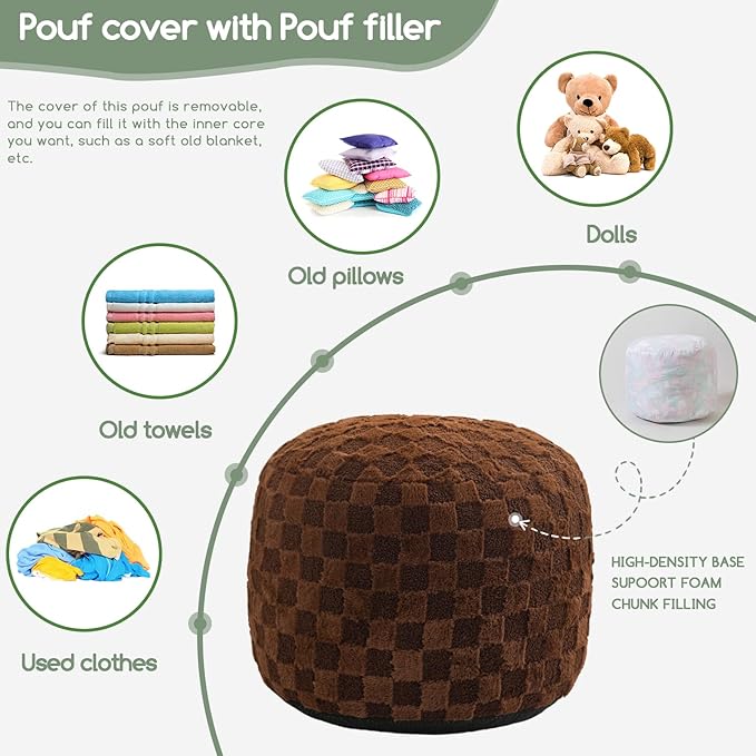 HIGOGOGO Round Stuffed Pouf Ottoman, Plaid Poufs with Foam Chunk Filling, Fluffy and Furry Pouf Foot Stool Storage Ottoman, 26 X 18 Floor Poufs Foot Rest for Living Room, Coffee-Ruum Studio Home