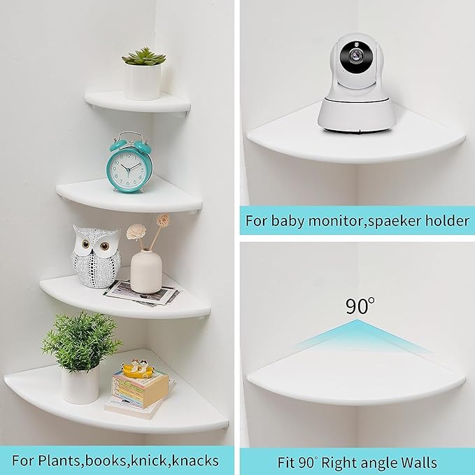 Corner Wall Shelves, White Floating Corner Shelf, Set of 2 16inch Solid Oak Wood Shelves, Round End Wall Mount Display Shelf with Wire Hole for Small Plant for Bedroom Kitchen, Living Room-Ruum Studio Home