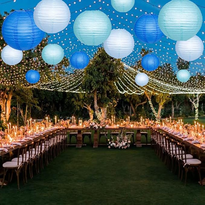 Paper Lanterns Decorative, Blue Hanging Paper Round Chinese Lanterns with Lights for Wedding Graduation Birthday Party 12 LED Light Pack of 12-Ruum Studio Home