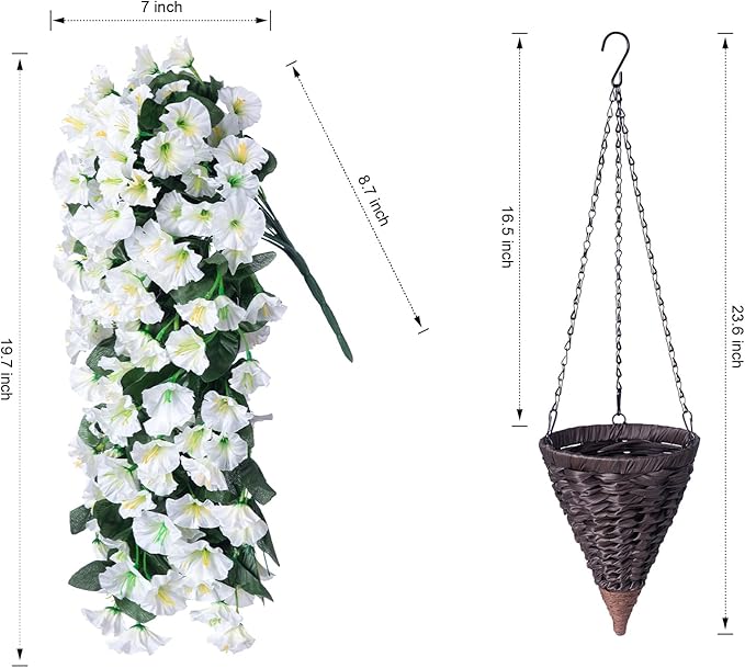 Artificial Faux Hanging White Flowers Plants Basket for Outdoor Outside, Fake UV Resistant Realistic White Morning Glory Flowers for Porch Home Balcony Yard Patio Decoration-Ruum Studio Home