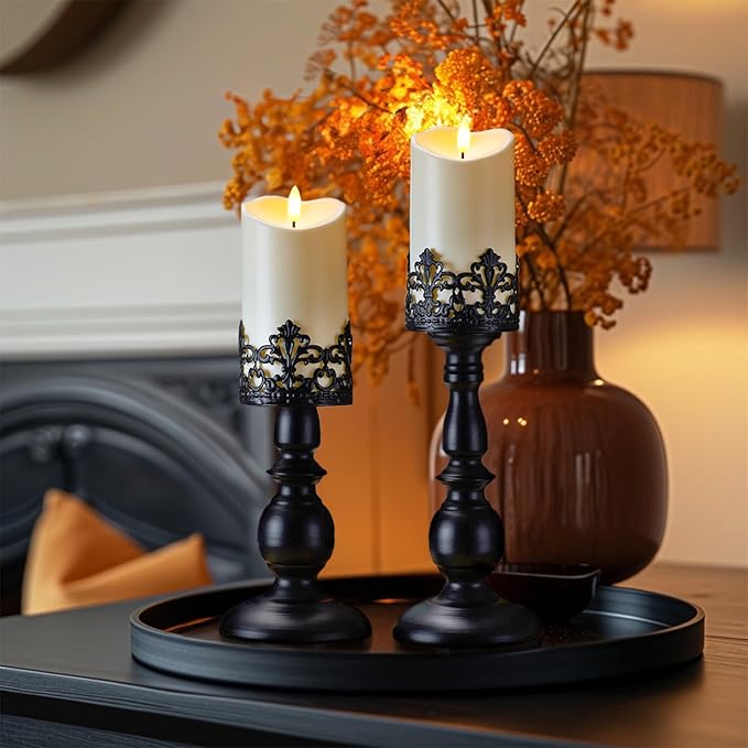 Homemory Black Halloween Candle Holders for Pillar Candles Set of 2, Gothic Vintage Candle Holders for Table Centerpiece, 11" 9" Tall Candle Stand Decorative for Dining Fireplace Living Room (Black)-Ruum Studio Home