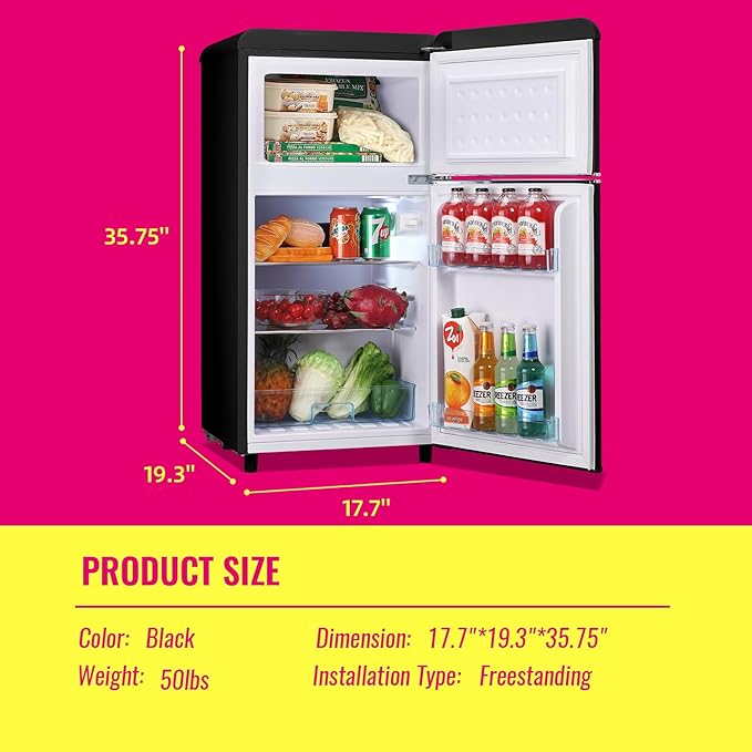 Mini Fridge Dual Door Refrigerator with Freezer, 3.5 Cu.Ft Compact Refrigerator with Handle, Adjustable Temperature & Removable Glass Shelves, for Apartment/Dorm/Office/RV, Black-Ruum Studio Home