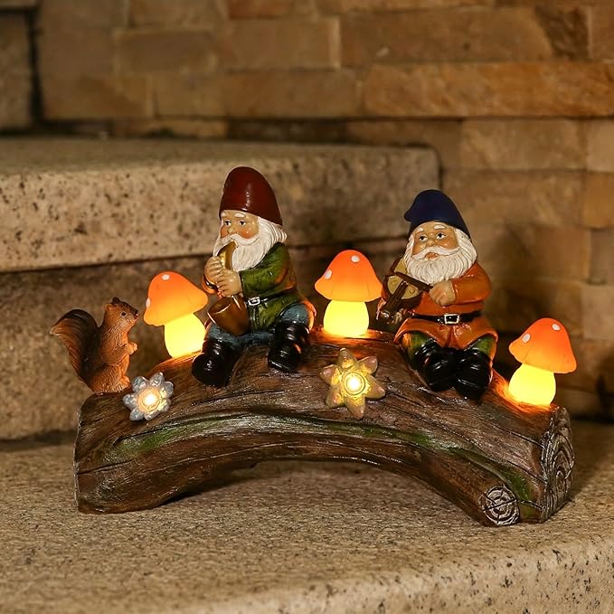 Funny Garden Gnome Statue Solar Powered Mushroom Figurine with Squirrel Gnome Durable Resin Outdoor Decoration for Patio Yard Lawn Ornament Housewarming Gift-Ruum Studio Home