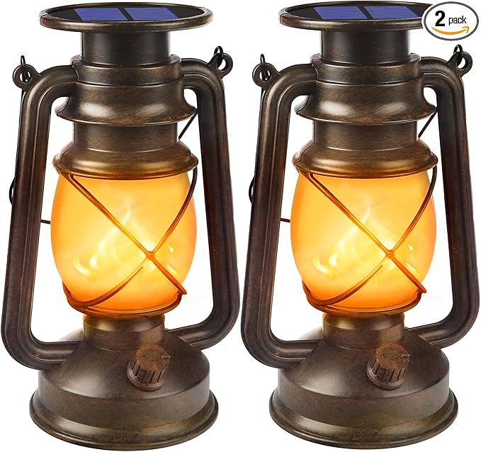 Solar Powered LED Lanterns Decorative Outdoor,2 Pack Bronze Vintage Lanterns with Dancing Flame,Waterproof Solar Hanging Lights for Camping Patio Garden Yard Pathway Decor-Ruum Studio Home