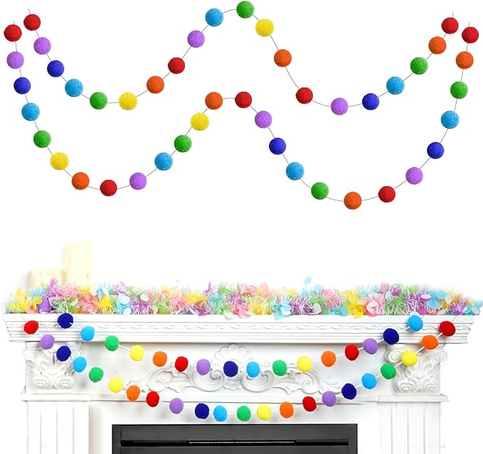 TBD Decor 2pk Rainbow Color Pom Pom Garland 13FT Colorful Large Felt Ball Garland for Mantle,Indoor Holiday Wedding Birthday Party Supplies-Ruum Studio Home