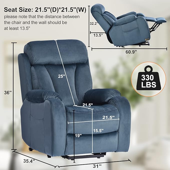 Power Lift Chair Recliners for Elderly, Modern Adult Power Lift Recliner, Velvet Upholstery Electric Lift Chair Recliner with Remote Side Pocket for Living Room(Navy Blue)-Ruum Studio Home