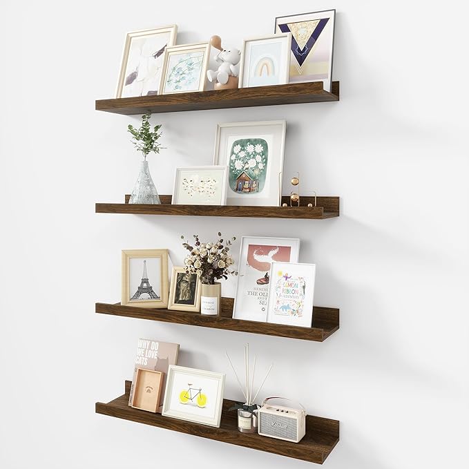 Picture Ledge Shelf, Wood Floating Shelves Set of 4, 24 inch Picture Ledge Shelves, Photo Ledge Nursery Book Shelves Wall Mounted for Living Room Kids' Room Bedroom, Color Walnut-Ruum Studio Home