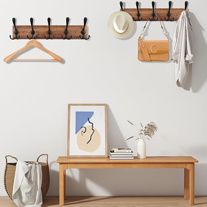 2pcs Coat Rack Wall Mount Wooden Hat Rack for Wall Hooks Pine Real Wood Plank 16.9" Brown Coat Hanger with 5 Triple Hooks for Hanging Coat Hat Jacket-Ruum Studio Home