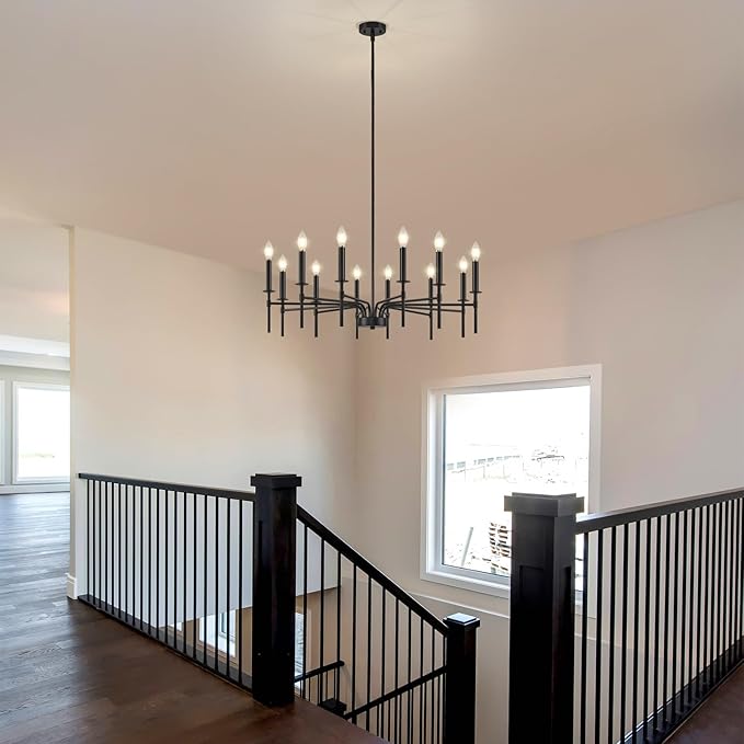 12 Light Black Chandelier Light Fixture, Modern Farmhouse Chandeliers for Dining Room Light Fixture, Metal Candle Pendant Chandelier for Foyer Entryway Stairs Living Room Bedroom Kitchen-Ruum Studio Home