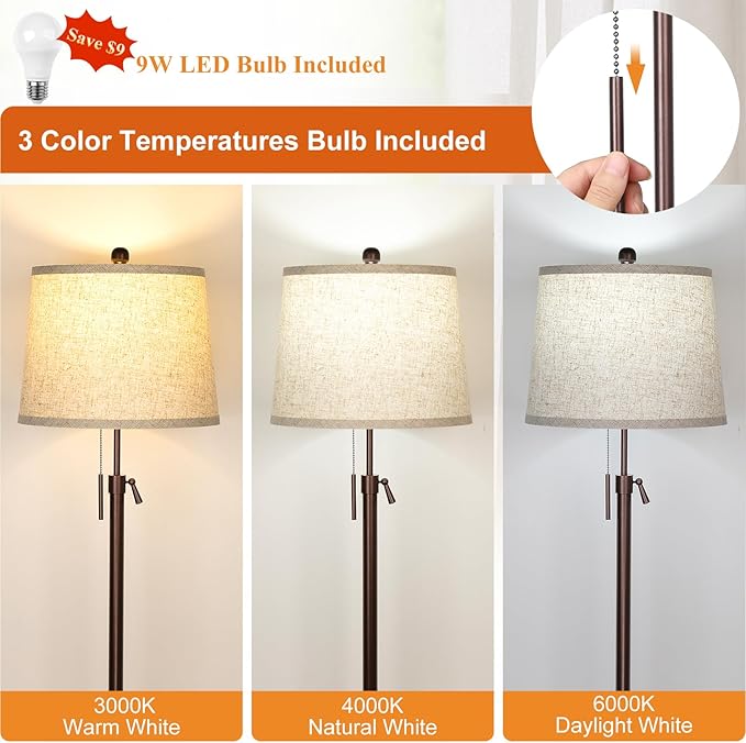 Modern Floor Lamp Adjustable Height Standing Lamp Tall Lamp with 3 Color Temperatures Floor Lamps for Living Room Bedroom Office Beige Shade Bulb Included-Brown-Ruum Studio Home