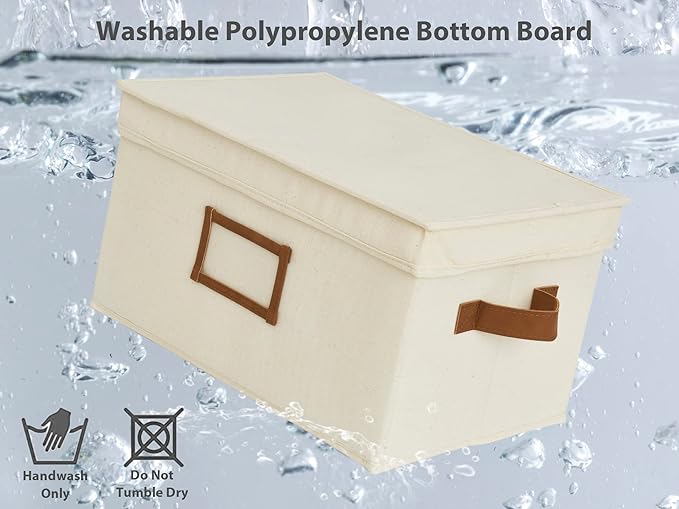 StorageWorks Large Storage Bins with Lids, Decorative Storage Boxes with Lid and PU Handles, Foldable Storage Baskets for Closet, Shelves, Stackable, Ivory, 3-Pack-Ruum Studio Home