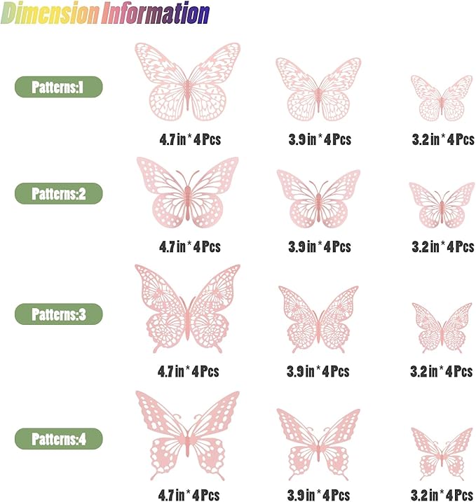 SAOROPEB 3D Butterfly Wall Decor - 48 Pcs, 4 Styles, 3 Sizes - Removable Wall Stickers for Pink Room Decor, Birthday Parties, Cake Decorations-Ruum Studio Home