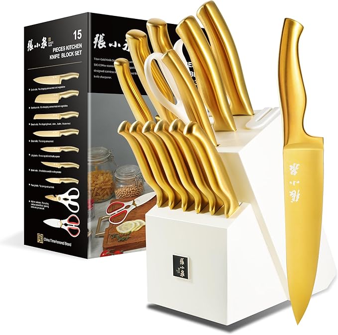 ZHANG XIAO QUAN SINCE 1628 15Pcs Knife Sets with Block, 50Cr15MoV Stainless Steel kitchen knife set with Built-in Sharpener Dishwasher Safe(Golden)-Ruum Studio Home