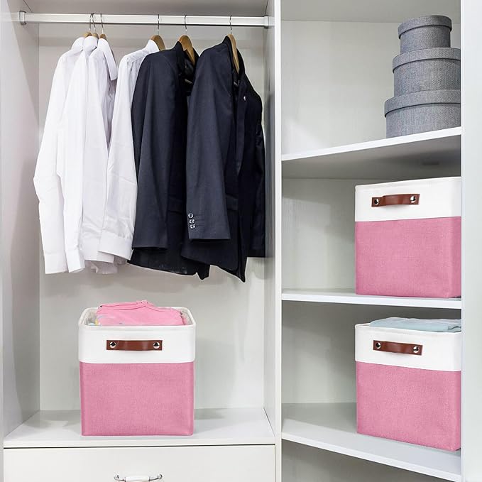 Collapsible Fabric Storage Cubes 11x11 Cube Storage Bins, 4 Pack Closet Baskets Box with Handles for Organizing, Shelf, Toys, Clothes, Home, Office, Nursery (Pink&White)-Ruum Studio Home