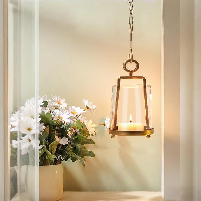 3'3" Wide Modern Metal Hurricane Lantern with Handmade Sturdy Glass Sleeve in Brass for Tealight Candle & Plants, Farmhouse Hurricane Industrial, Minimalistic, Shabby Chic (1, Brass, 3.3"x5.2")-Ruum Studio Home