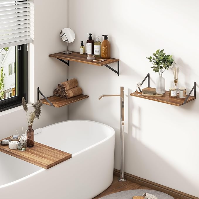 Fun Memories 27.5" W x12 D Floating Shelves, Large Wall Shelves 27.5 Inch Long, Set of 2, Farmhouse Wood Floating Shelf Wall Mounted, Deep Shelves for Bathroom, Living Room, Kitchen, Walnut Color-Ruum Studio Home