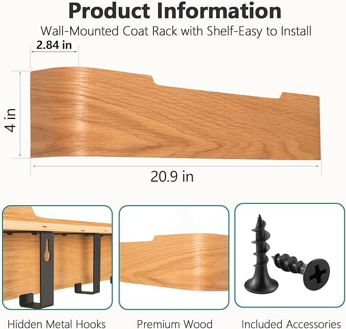 Coat Rack Wall Mount with Hidden Hooks Entryway Hanging Shelf Modern Wood Coat Hanger for Bedroom Kitchen Hallway Bathroom (Oak, 20.9 Inch Long)-Ruum Studio Home