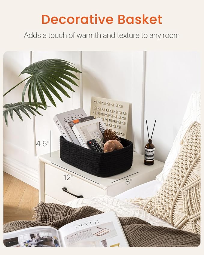 KALLAX Small Woven Basket, 12 x 8 x 4.5 Inches, Storage Basket for Organizing, Cute Small Rope Shelf Closet Cube Storage Bins Baskets for Shelves, Dog Toy Gift Baskets Empty, 3 Packs, Black-Ruum Studio Home