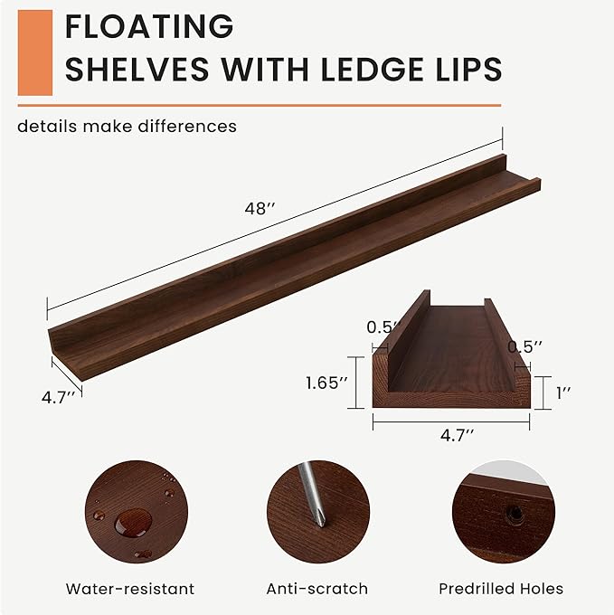 Solid Ash Wood Floating Shelves, Wood Picture Ledge Shelf Set of 2, 48 Inch Long Large Photo Ledge Shelves, Nursery Book Shelves Wall Mounted for Living Room Kids' Bedroom Decor, Color Walnut-Ruum Studio Home