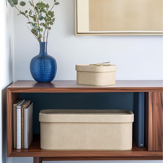 La Jolie Maison Vegan Leather Storage Boxes with Lids, Set of 3 Decorative Storage Containers Organize Stackable Storage Box, Beige-Ruum Studio Home