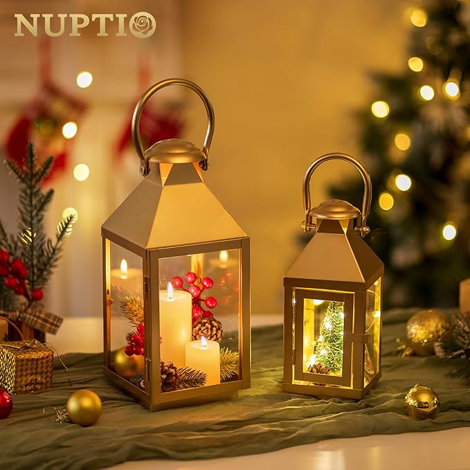 NUPTIO Gold Lanterns Decorative Indoor: 8.6 Inch Tall Metal Lantern with Glass for Pillar Candle - Fireplace Decor for Christmas Home Living Room Mantle Porch Wedding-Ruum Studio Home