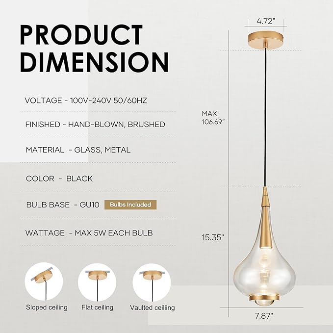 1-Light Teardrop Pendant Light, Brass Gold Ceiling Hanging Light Fxitures, LED Light Fixtures Ceiling Glass Pendant Lighting for Kitchen Island Dining Room Bar-Ruum Studio Home