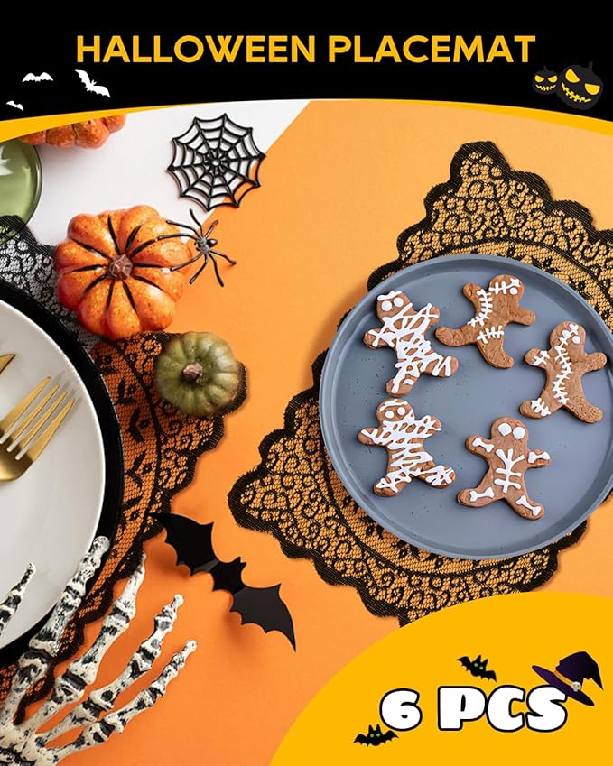 eZAKKA Halloween Table Runner with 4Pcs Placemat, Black Lace Spider Web Table Runners for Parties Gothic Spooky Home Decorations, 18 x 72 Inch-Ruum Studio Home
