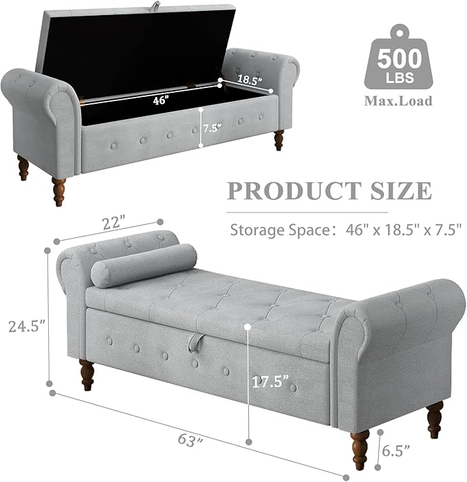 Storage Ottoman Bench for Bedroom, 63" End of Bed Bench with Rolled Arms Upholstered Ottoman Bench Fit for Bedroom, Living Room, Entryway, Velvet Light Gray-Ruum Studio Home