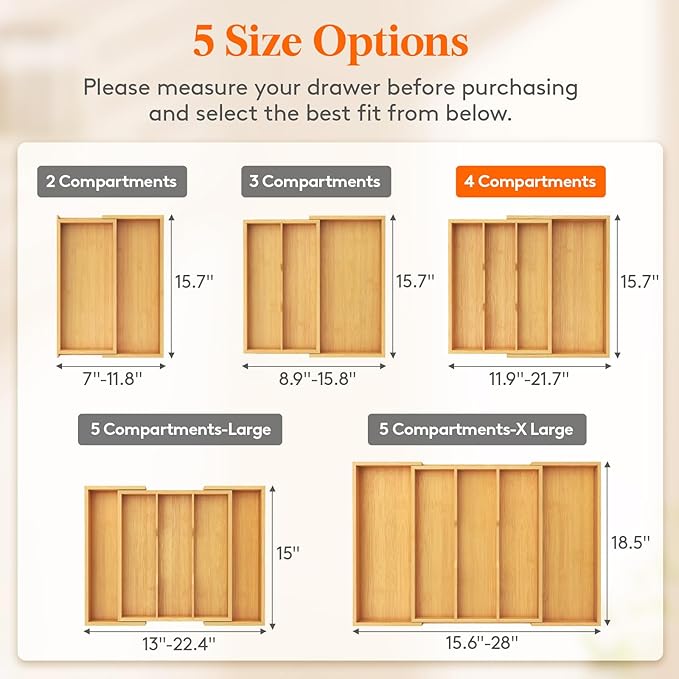 Lifewit Utensil Drawer Organizer, Expendable Cooking Silverware Tray for Kitchen Drawer, Bamboo Adjustable Cutlery Flatware Holder, Spatula Tools and Gadgets Storage Divider, 4 Compartments, Natural-Ruum Studio Home