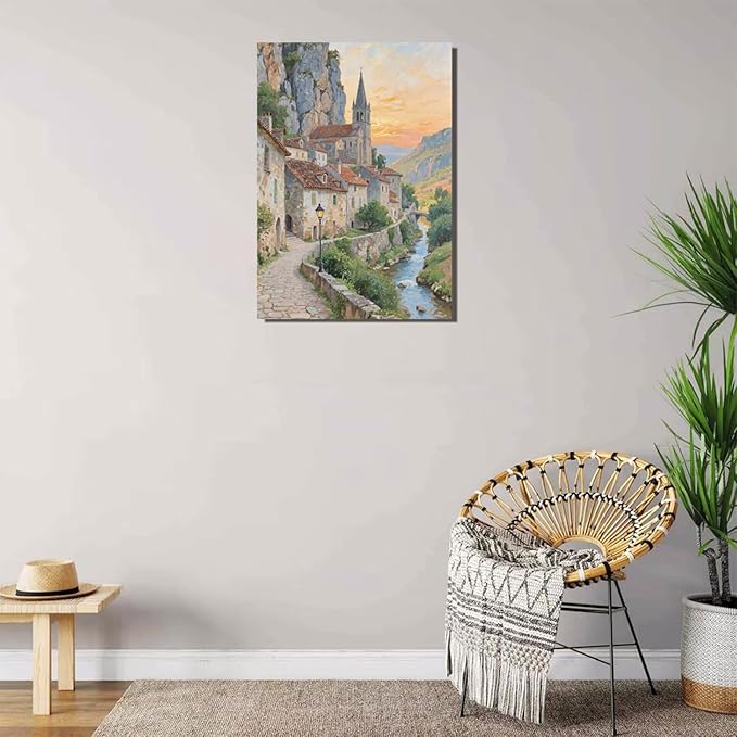 Small town scenery poster on the bank of the mountain stream is suitable for living room bedroom and office natural oil painting poster-Ruum Studio Home
