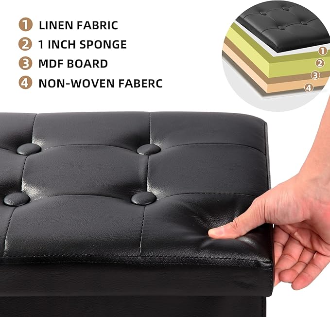 ALASDO Storage Ottoman Footrest Stool Small Ottoman with Storage Foldable Ottoman Leather Foot Rest Footstool Bench for Living Room 17x13x13inches Black-Ruum Studio Home