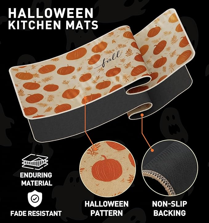 Halloween Kitchen Mat Set of 2, Pumpkin Kitchen Halloween Decor, Fall Decorations for Home, Halloween Rug for Floor,Indoor Home Decor with Non-Slip Backing,17 x 29 Inch & 17 x 47 Inch-Ruum Studio Home