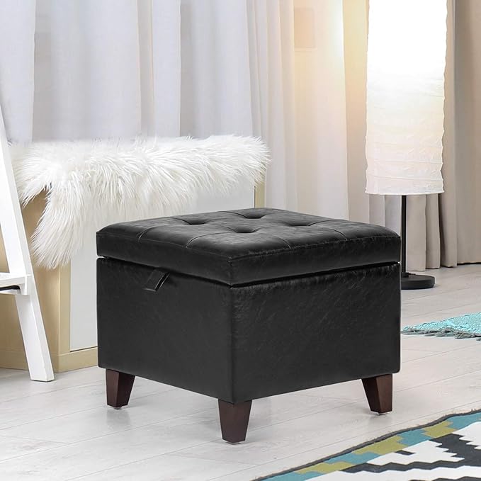 Adeco Storage Ottoman Foot Rest Stool, Leather Ottoman Footstool with Solid Wood Legs and Hinged Lid, 17.7" Small Foot Stool for Living Room, Bedroom-Ruum Studio Home