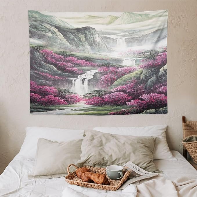 Japanese Tapestry, Red Plum Blossom Mountain, Nature Landscape, Bedroom Living Room Decor, 40"x30"-Ruum Studio Home