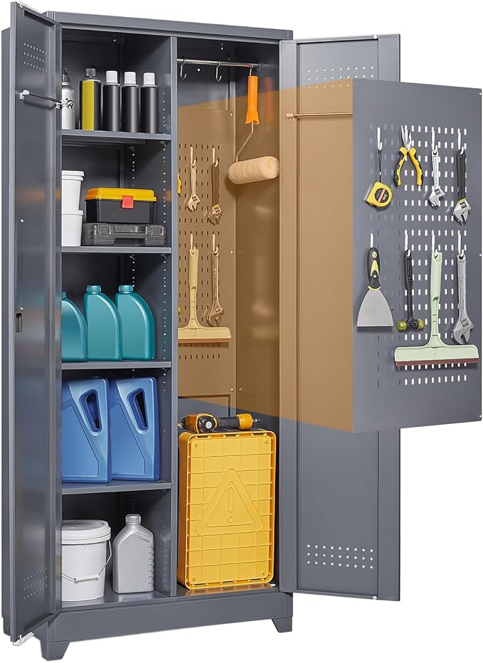 Lockable Storage Cabinet,Utility Closet with Doors and Shelves,SteelGarage Cabinet with Adjustable Shelves for Home,Garage,Gray-Ruum Studio Home