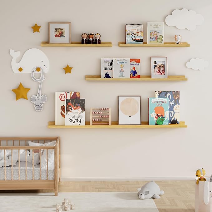 Fun Memories Picture Ledge Shelf, 48 Inch Floating Shelves Set of 2, Large Nursery Book Shelves for Toys Storage, Kids Bookshelf Wall Mounted for Wall Decor Books Photo Frames, Oak-Ruum Studio Home