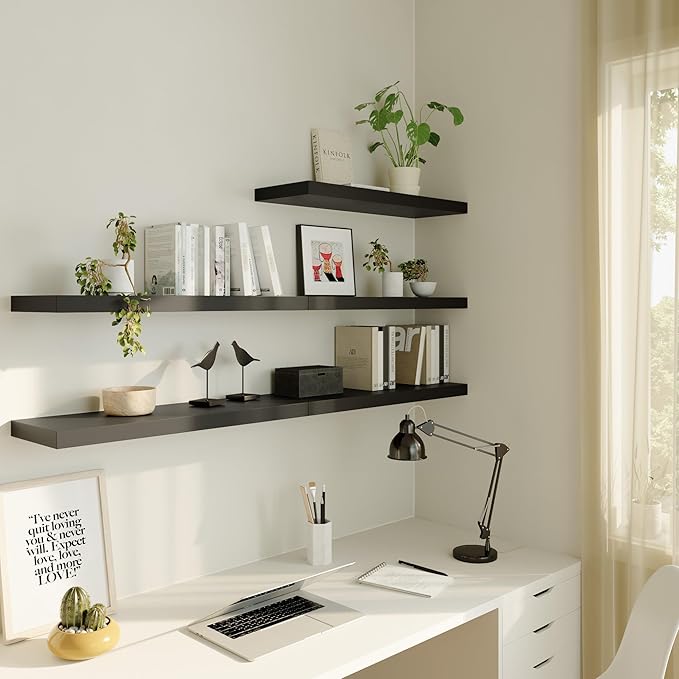 Large Floating Shelves for Wall Set of 2 Wooden Wall Shelves 36 in x 12.75 in x 2 inRoom Decor Long Shelf with Invisible Wall Mount Bracket for Bedroom Kitchen Living Room Black-Ruum Studio Home